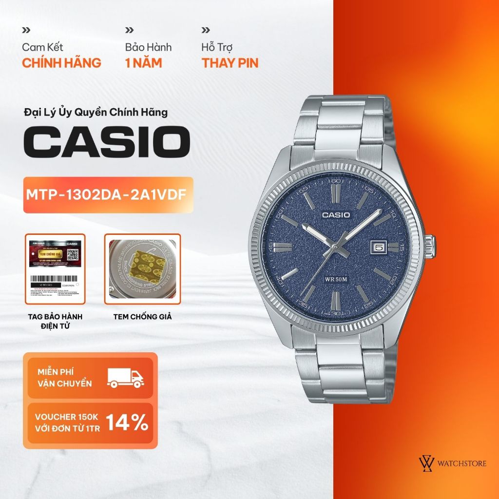 Đồng Hồ Nam Casio MTP-1302DA-2A1VDF Mặt Kính Khoáng 38.5mm Màu Xanh Vân Cát Dạ Quang Kháng Nước Dây 