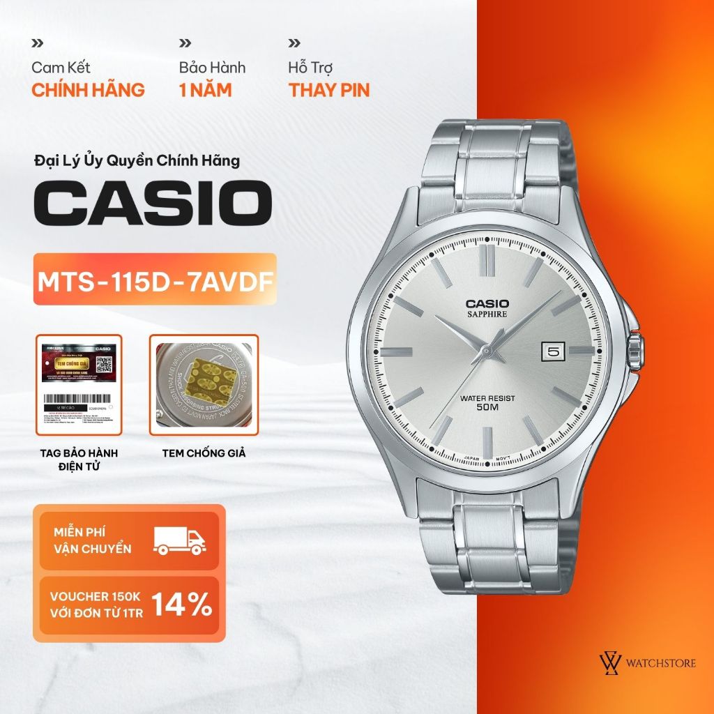 Đồng Hồ Casio Nam MTS-115D-7AVDF Màu Trắng Ánh Kim Kính Sapphire 41.3mm Kháng Nước Dây Kim Loại Khôn