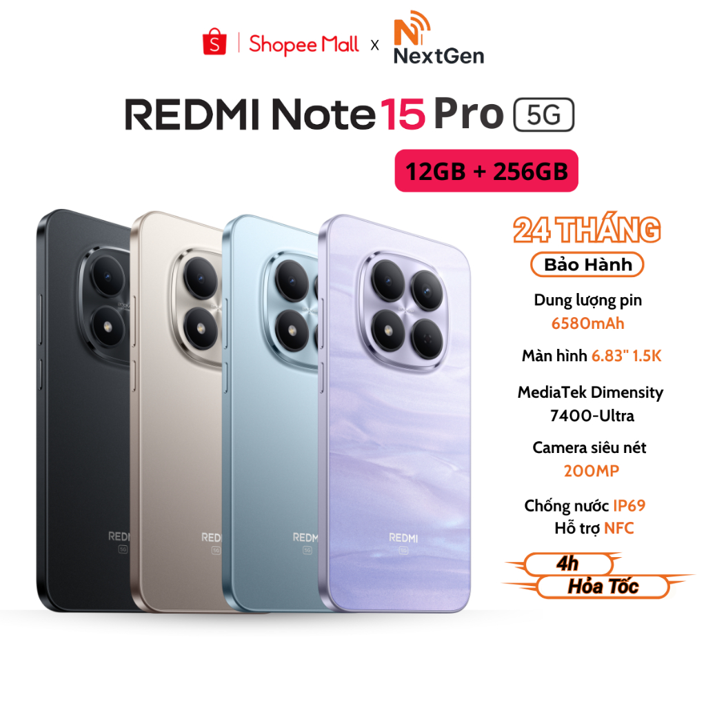 Điện thoại Xiaomi Redmi Note 15 Pro 5G 12/256GB - Màn Hình 6.83 Inch - Bảo Hành 24 Tháng