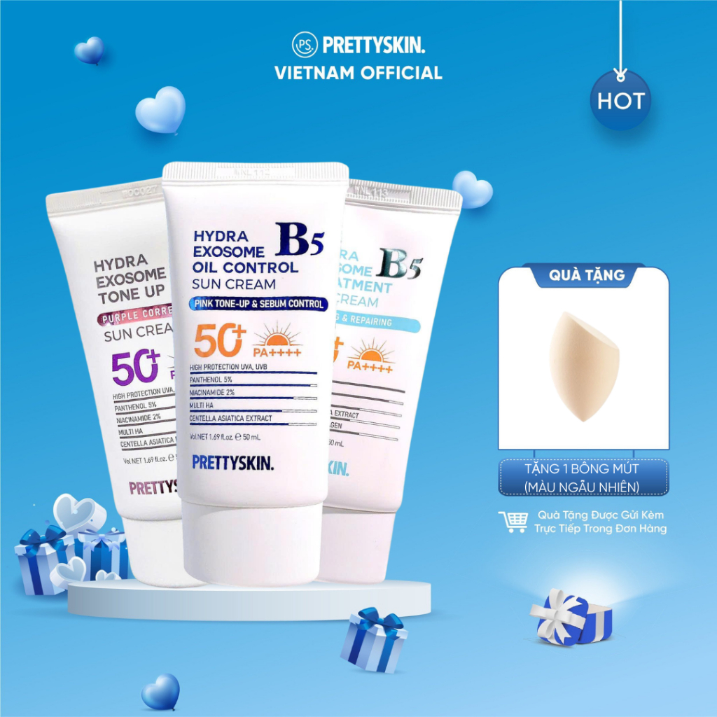 (Lắc đều trước khi sử dụng)  (Tặng 1 Bông Mút) Kem chống nắng phục hồi Hydra B5 Exosome Prettyskin