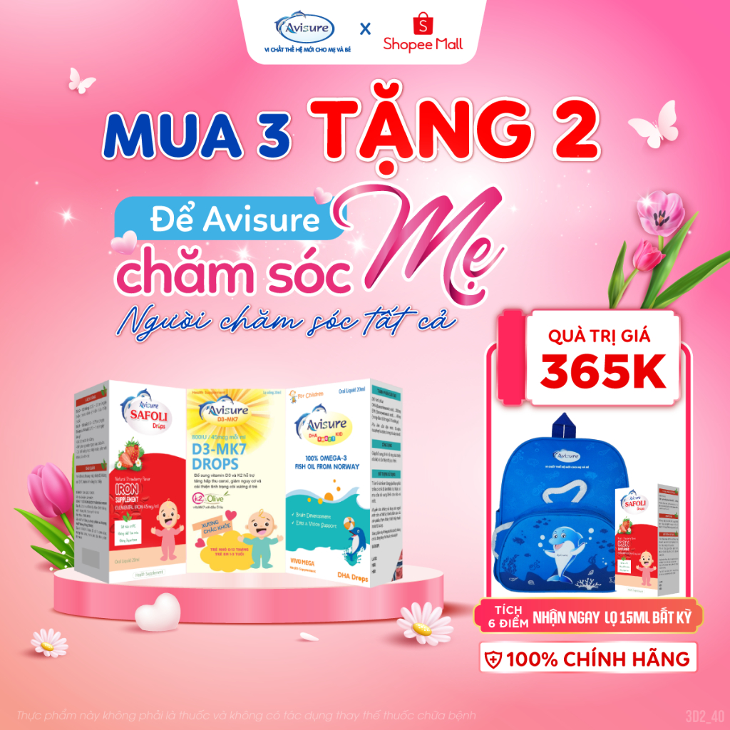 Bộ ba Avisure D3MK7, DHA, Safoli Drop TPBVSK bổ sung D3, DHA, Sắt hữu cơ cho bé