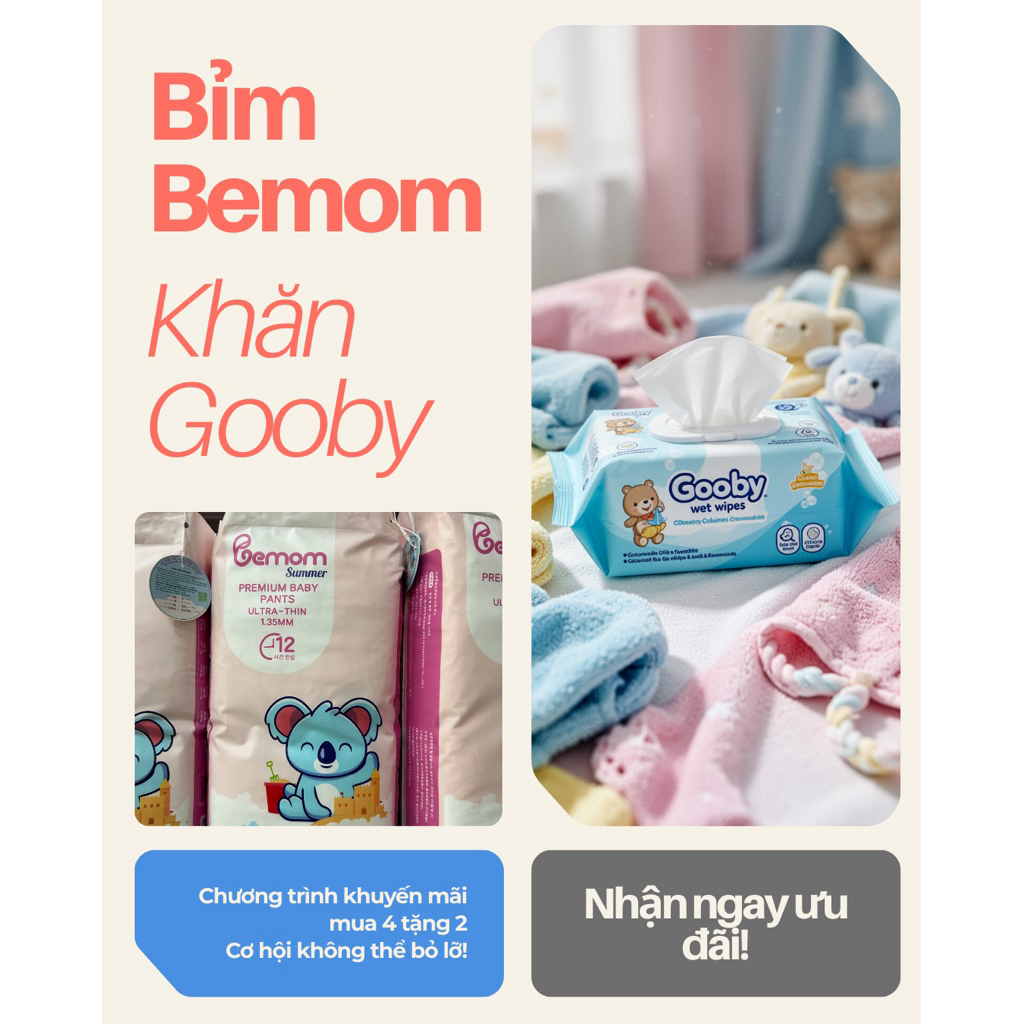 (Giá SHOCK) Combo 4 Bịch Tã/Bỉm BEMOM SUMMER Hàn Quốc Dán/Quần Đủ Size + Tặng 2 hộp khăn ướt Gooby