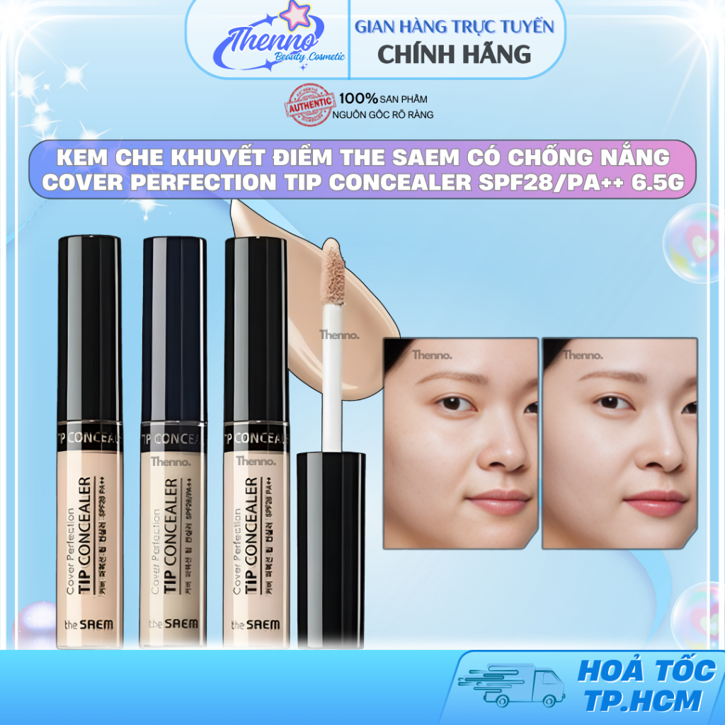Kem Che Khuyết Điểm The Saem Có Chống Nắng Cover Perfection Tip Concealer SPF28/PA++ 6.5g Hàn Quốc