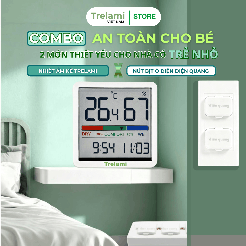 COMBO AN TOÀN CHO BÉ – Nhiệt Ẩm Kế Trelami NK5253 & 20 Nút Bịt Ổ Điện Điện Quang