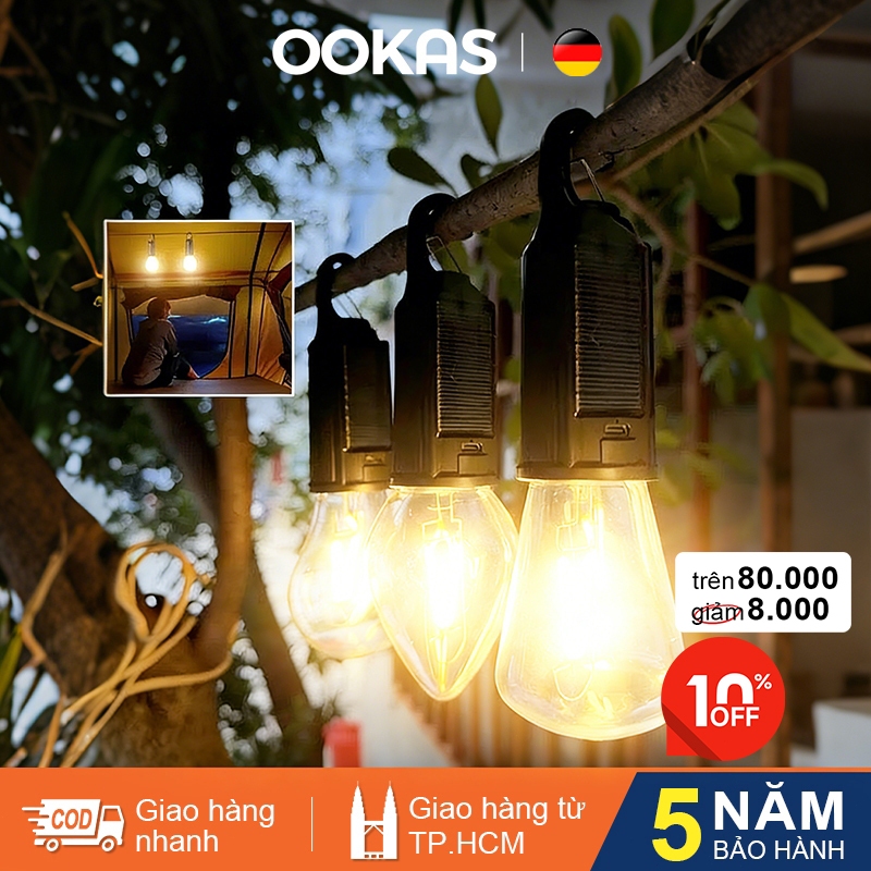 OOKAS Đèn đa chức năng cầm tay có sợi đốt vonfram, Đèn cắm trại năng lượng mặt trời