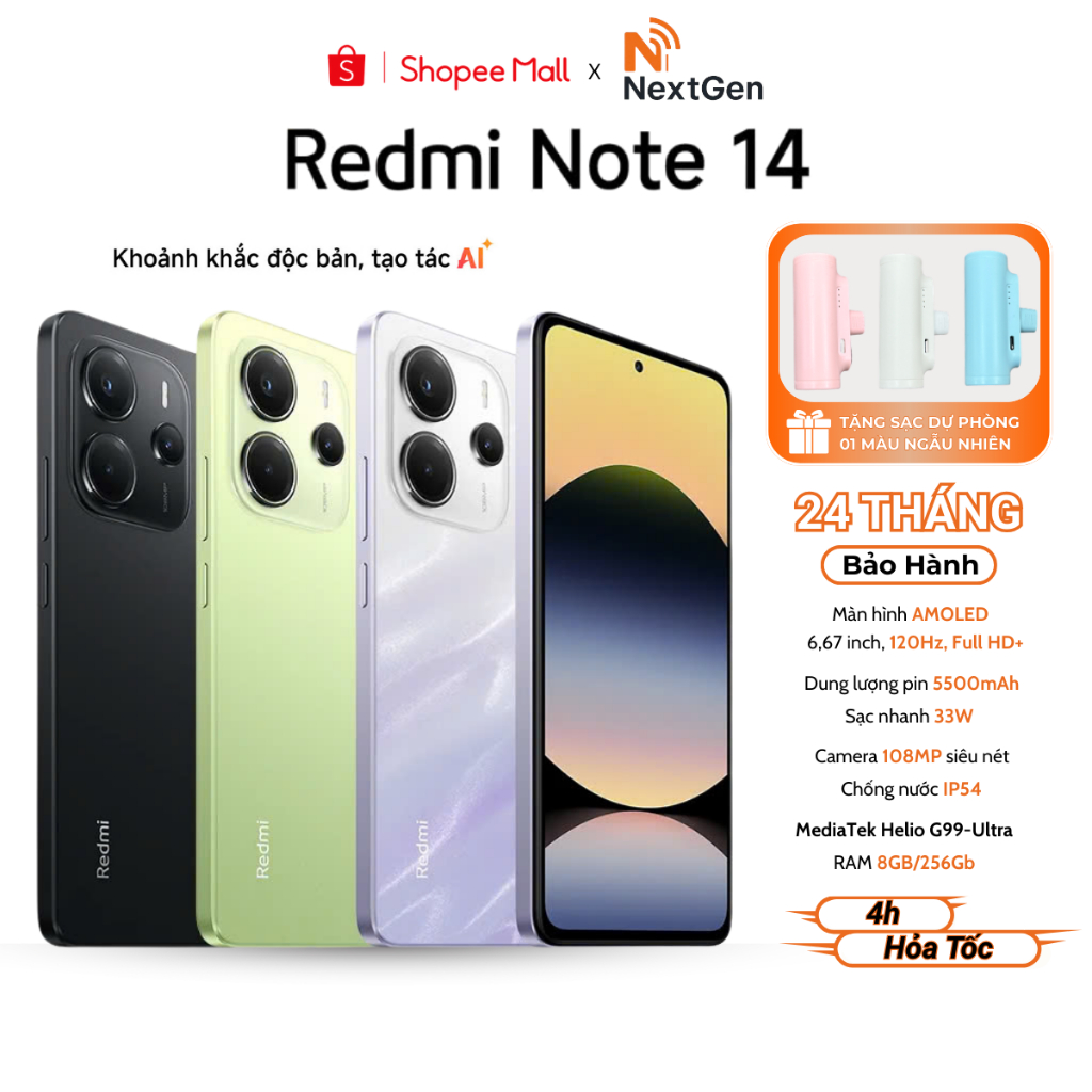 Điện Thoại Thông Minh Xiaomi Redmi Note 14 6/128GB - 8/128GB - 8/256GB Bản Quốc Tế - Bảo hành 24 Thá