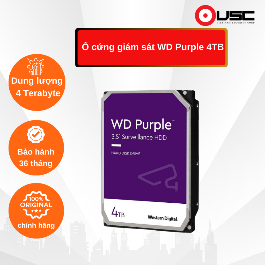 Ổ cứng tím WD Purple dung lượng 4T chính hãng bảo hành 36 tháng | Ổ cứng chính hãng