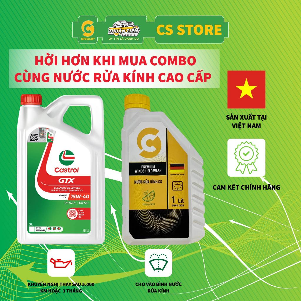 Combo Castrol GTX 15W40 4L + Nước Rửa Kính Ô Tô CS Premium 1L – Combo Thay Nhớt Tiết Kiệm