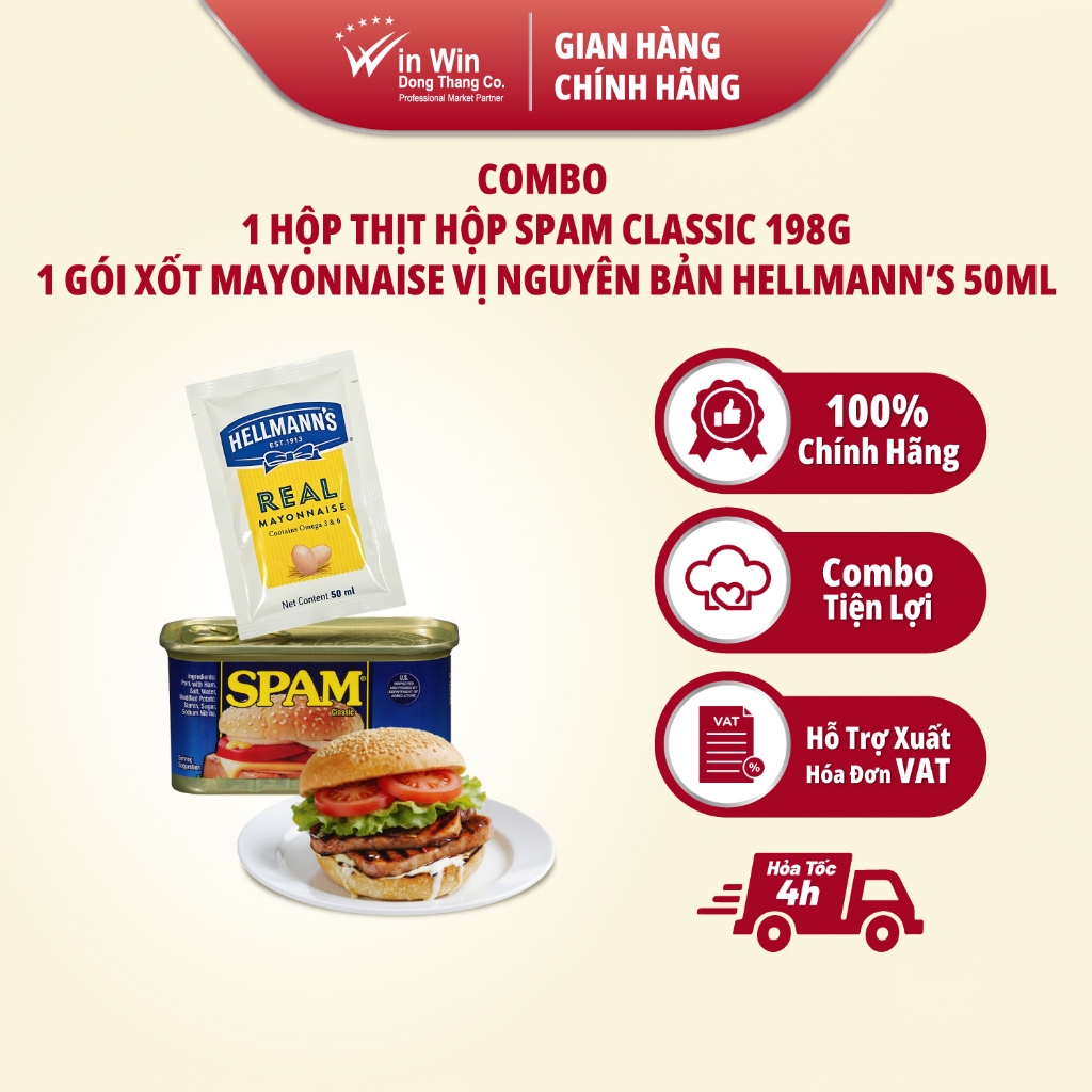 COMBO 1 Hộp Thịt Hộp SPAM Classic 198g + 1 Gói Xốt Mayonnaise Vị Nguyên Bản Hellmann’s 50ml