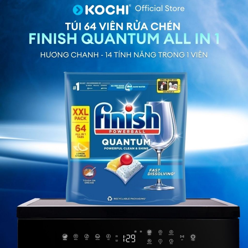 Túi 64 viên rửa chén Finish Quantum All in 1 (14x tính năng trong 1 viên Bao Bì mới – Hương Chanh) M