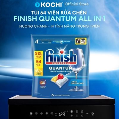 Túi 64 viên rửa chén Finish Quantum All in 1 (14x tính năng trong 1 viên Bao Bì mới – Hương Chanh) Máy 10 - 16 bộ KOCHI