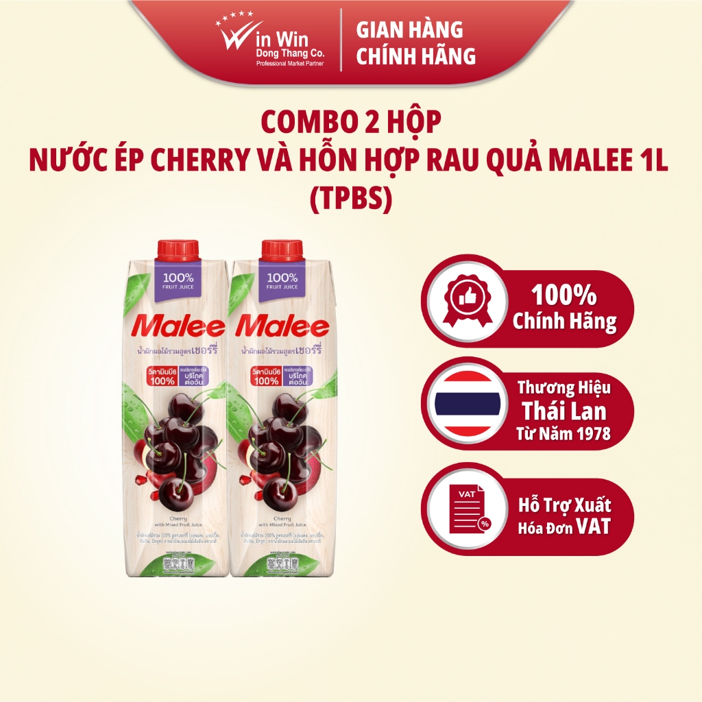COMBO 2 Hộp Nước Ép Cherry Và HH Rau Quả Malee 1L (TPBS) | Malee 100% Mixed Vegetable and Fruit Juic