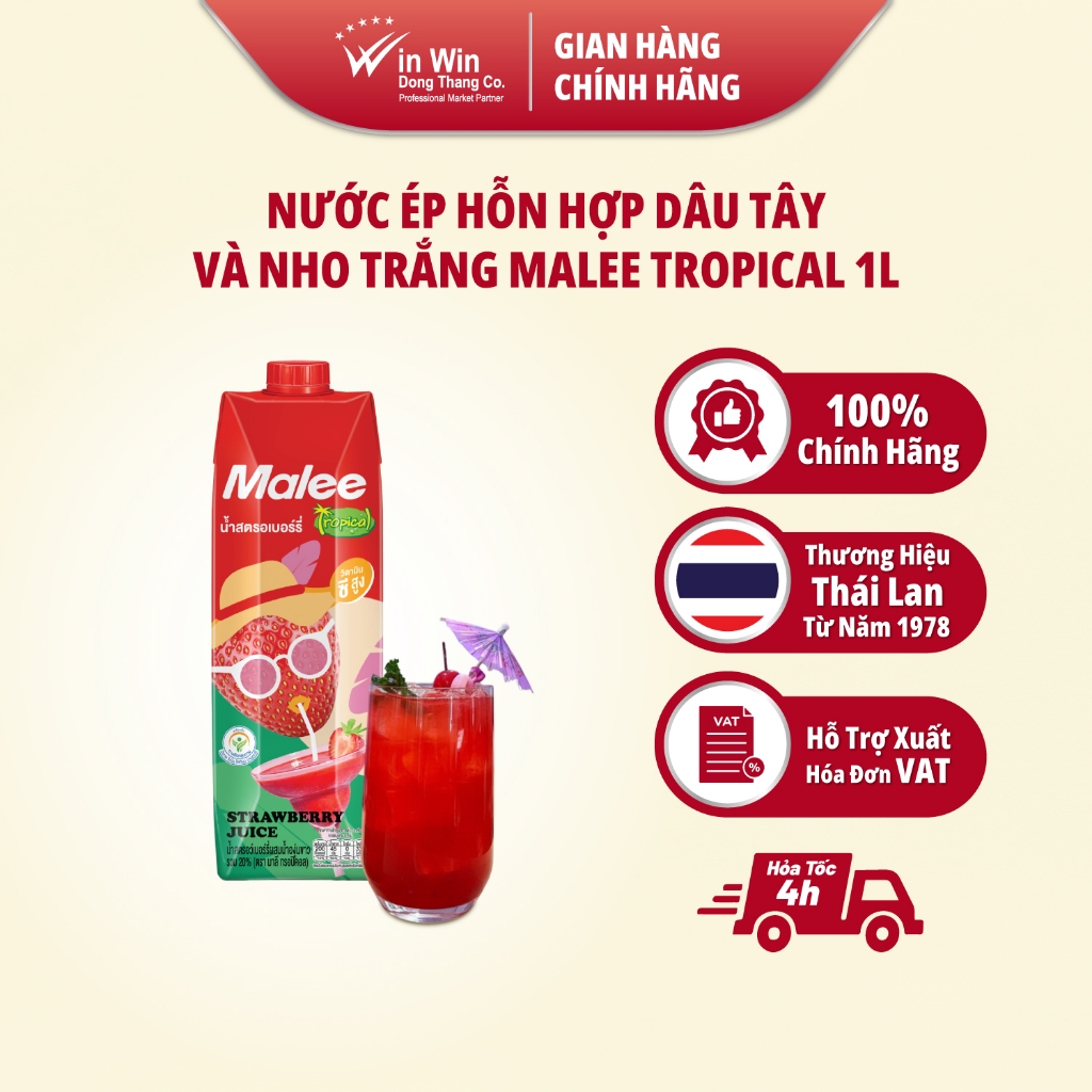 Nước Ép Hỗn Hợp Dâu Tây Và Nho Trắng Malee Tropical 1L - NK Thái Lan | 20% Strawberry Juice Mixed Wh
