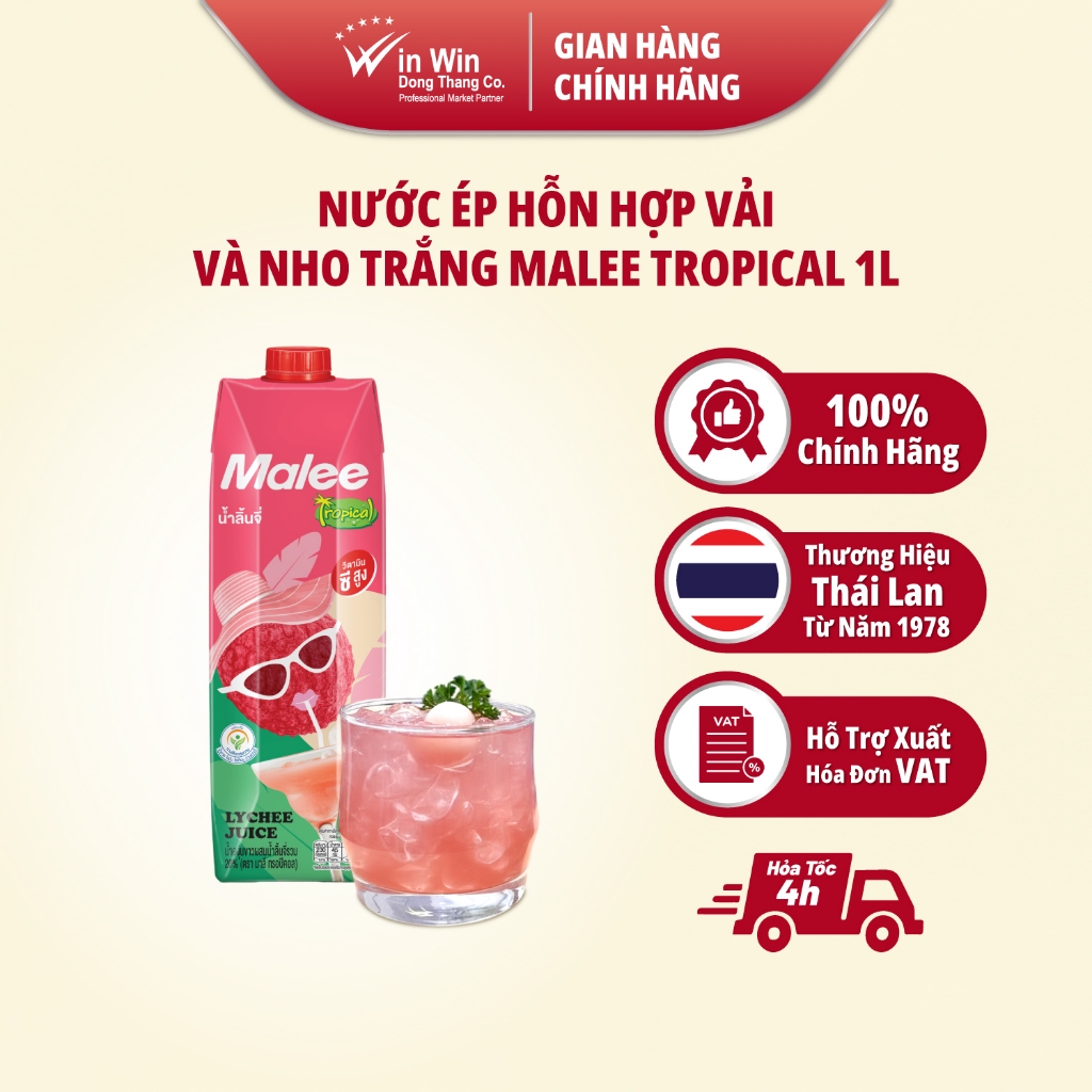 Nước Ép Hỗn Hợp Vải Và Nho Trắng Malee Tropical 1L - NK Thái Lan | 20% White Grape Juice Mixed Lyche