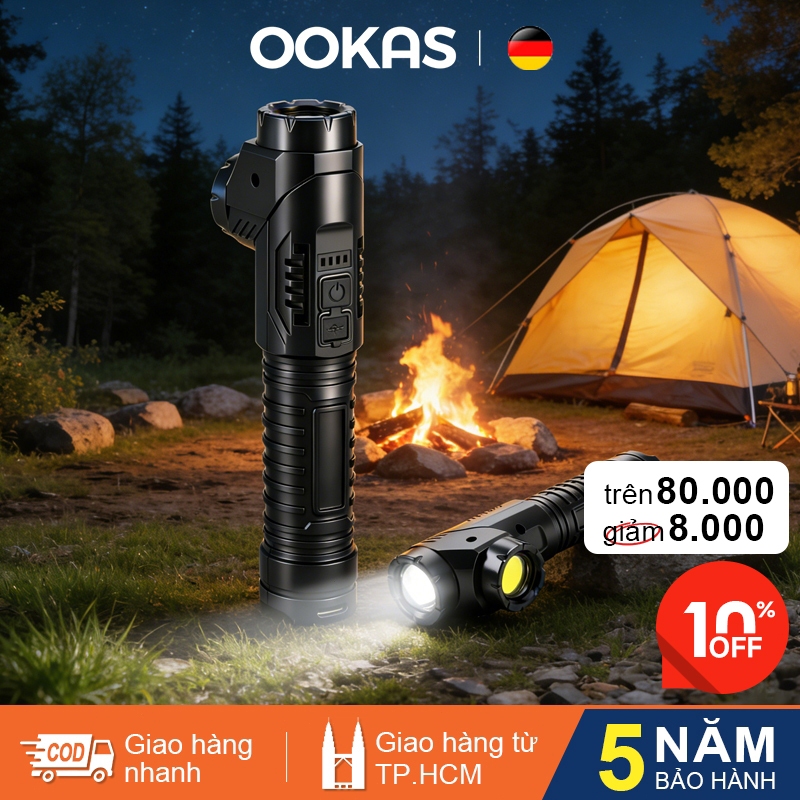 OOKAS Đèn pin siêu sáng, Đầu đèn kép, Bấc đèn nhập khẩu, có thể xoay 90°