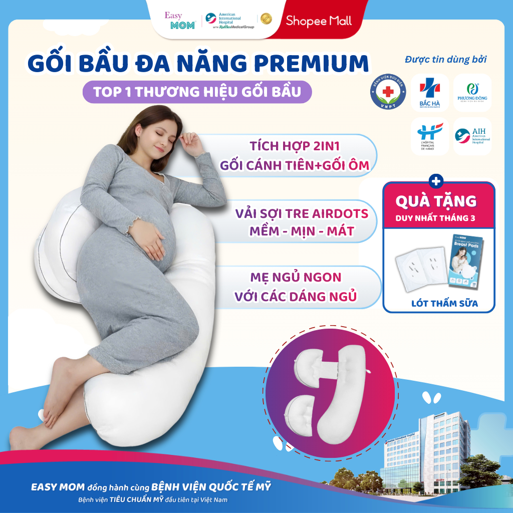 Gối Ôm Bầu Đa Năng Easy MOM Premium 2in1 Tích Hợp Gối Cánh Tiên Và Gối Ôm Cho Bà Bầu Giảm Đau Lưng Hỗ Trợ Giấc Ngủ