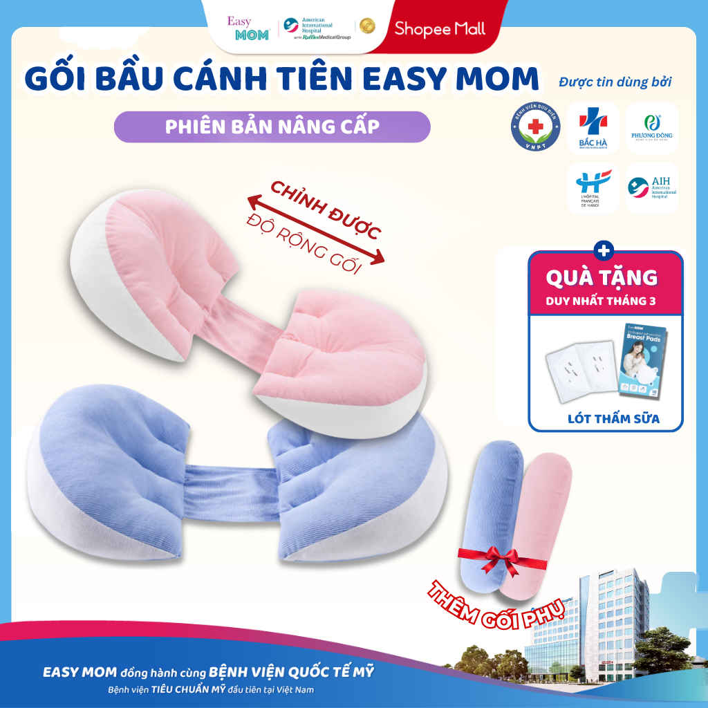 Gối bầu cánh tiên Easy MOM Organic cao cấp vải sợi tre thoáng khí giúp nâng đỡ bụng cho mẹ bầu ngủ ngon
