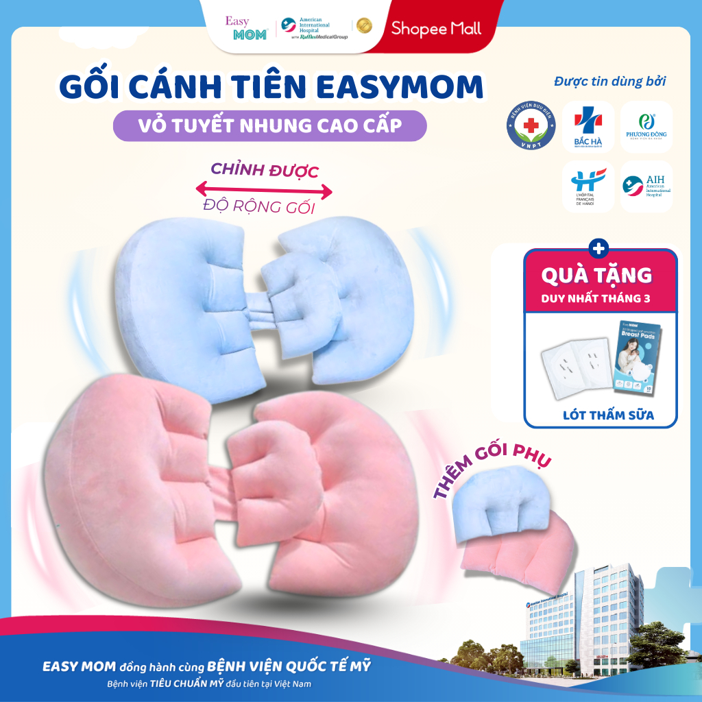 Gối bầu cánh tiên Easy MOM 3 cánh cao cấp vải nhung giúp kê bụng bầu giảm đau lưng