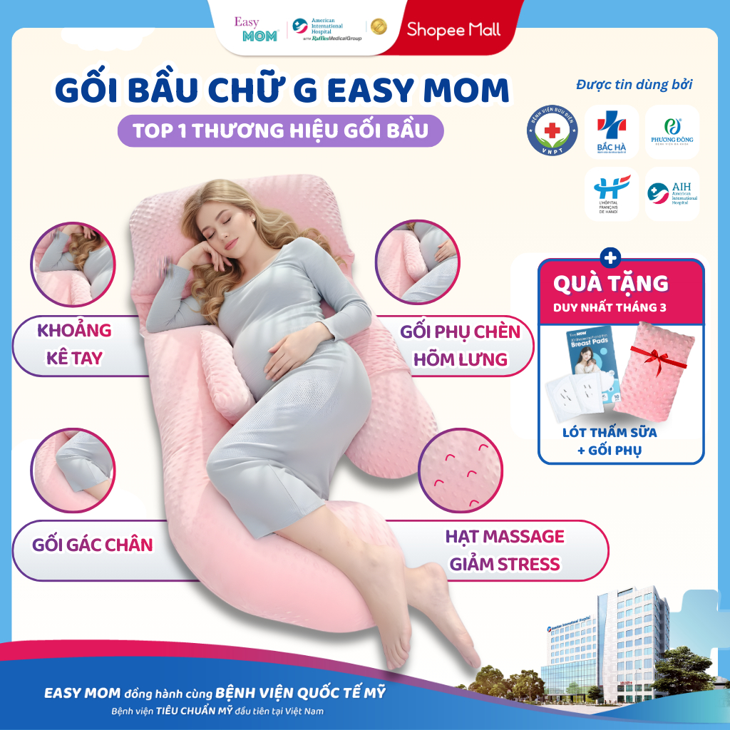 Gối bầu chữ G Easy MOM vải nhung hạt nổi matxa mềm mịn cao cấp giảm đau lưng, nâng đỡ bụng bầu kèm gối phụ
