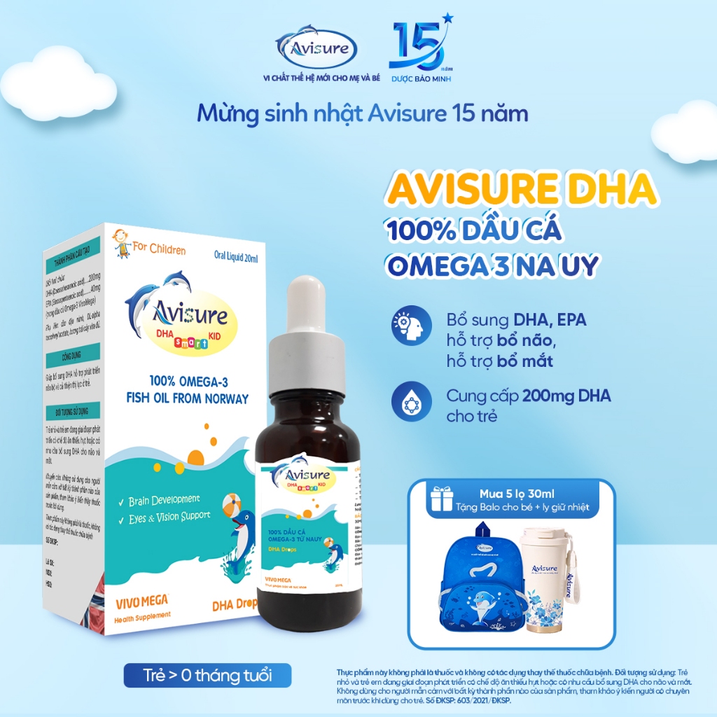 Avisure DHA Cho Bé Công Nghệ VivoMega TPBVSK Từ 100% Dầu Cá Na Uy 15ml