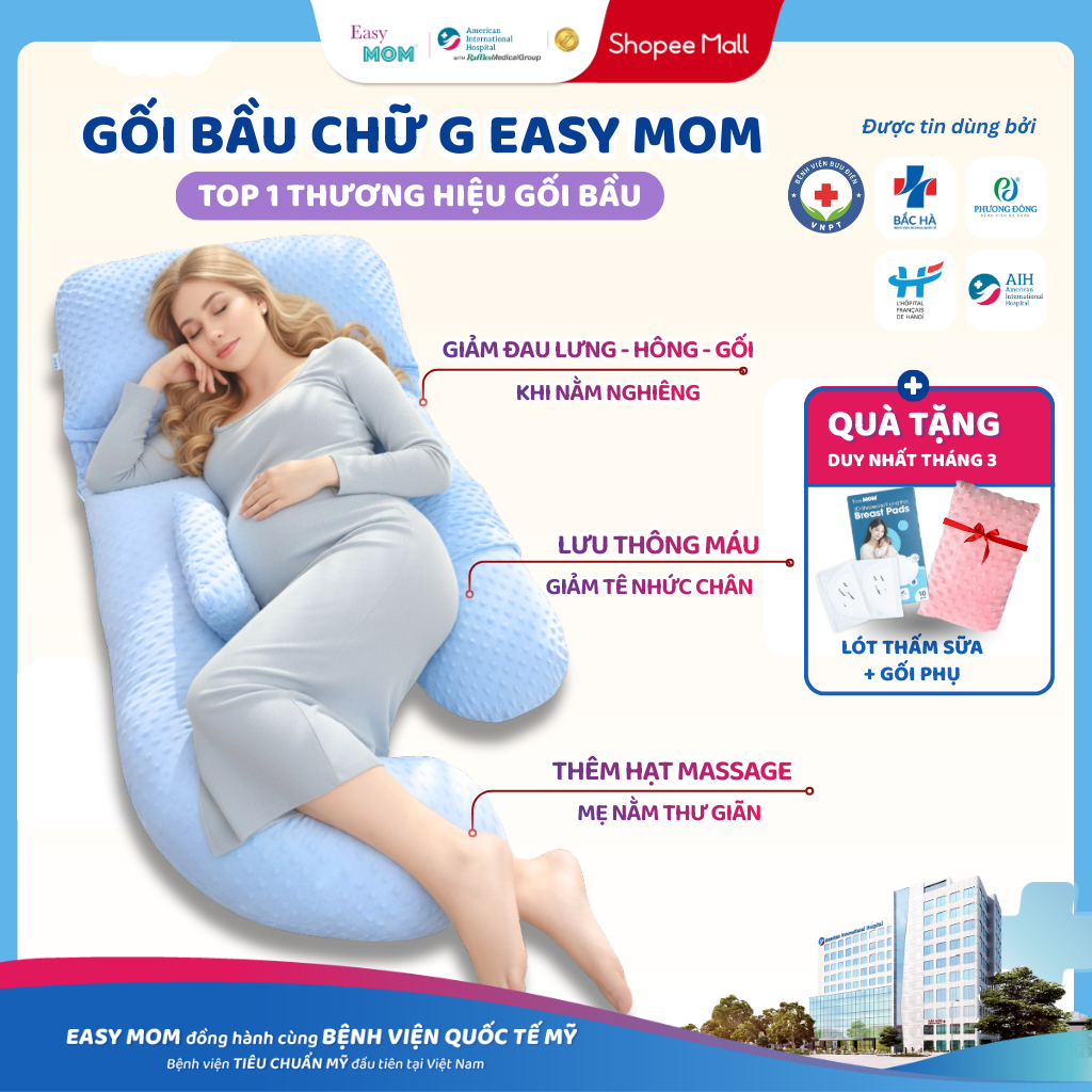 Gối Bầu Chữ G Easy MOM Nhiều Màu Vải Nhung Mềm Mịn Tặng Kèm Gối Phụ Kê Lưng Bụng