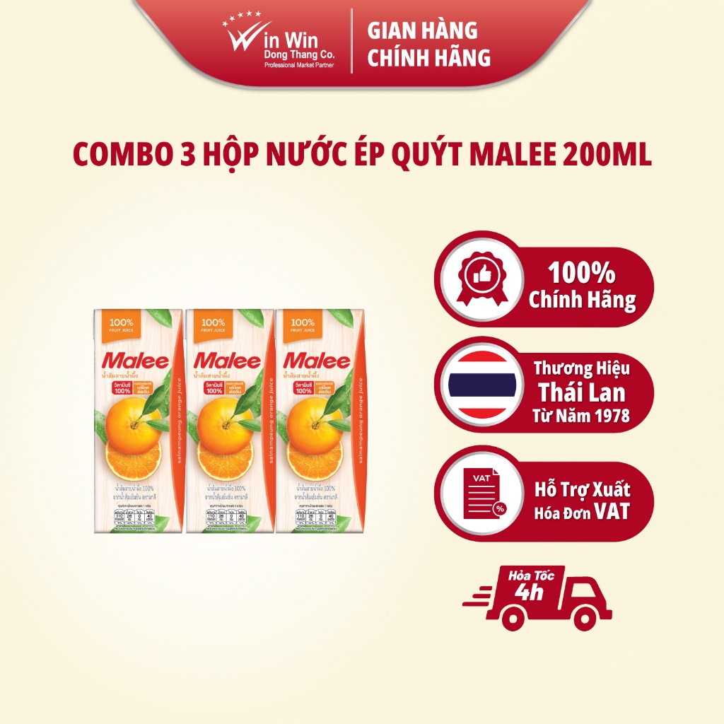 COMBO 3 Hộp Nước Ép Quýt Malee 200ml | Malee 100% Mandarine Orange Juice 200ml