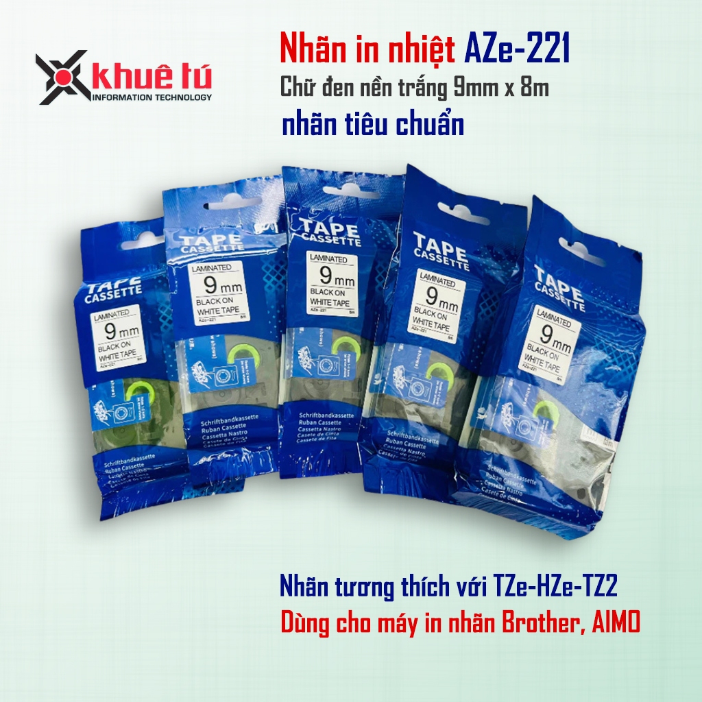 Nhãn in AZe-221 [9mm x 8m] Tương thích với nhãn Brother TZe-221 (Dùng cho PT-E110/ PT-E300/D210/ E10