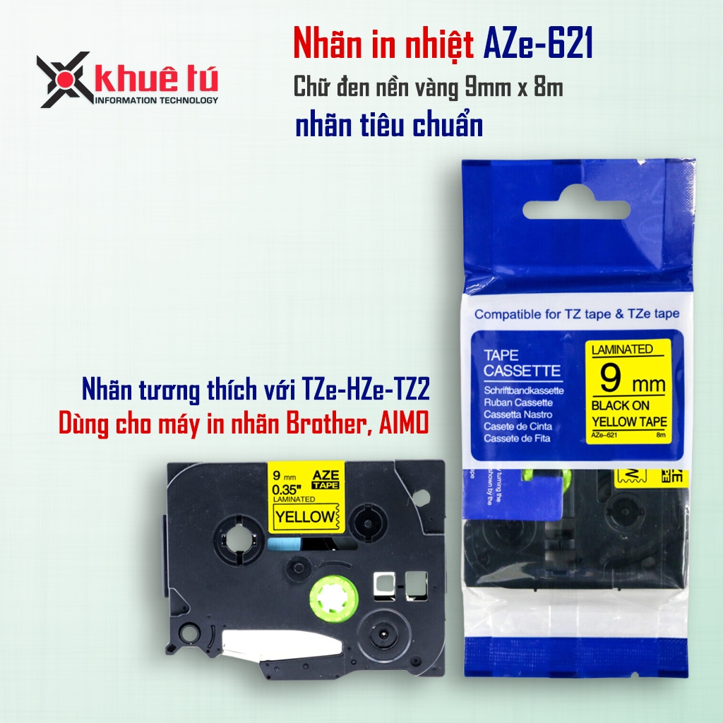 Nhãn in AZe-621 [6mm x 8m] Tương thích với nhãn Brother TZe-621 (Dùng cho PT-E110/ PT-E300/D210/ E10
