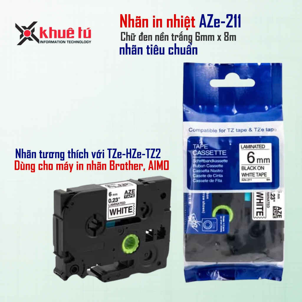 Nhãn in AZe-211 [6mm x 8m] Tương thích với nhãn Brother TZe-211 (Dùng cho PT-E110/ PT-E300/D210/ E10