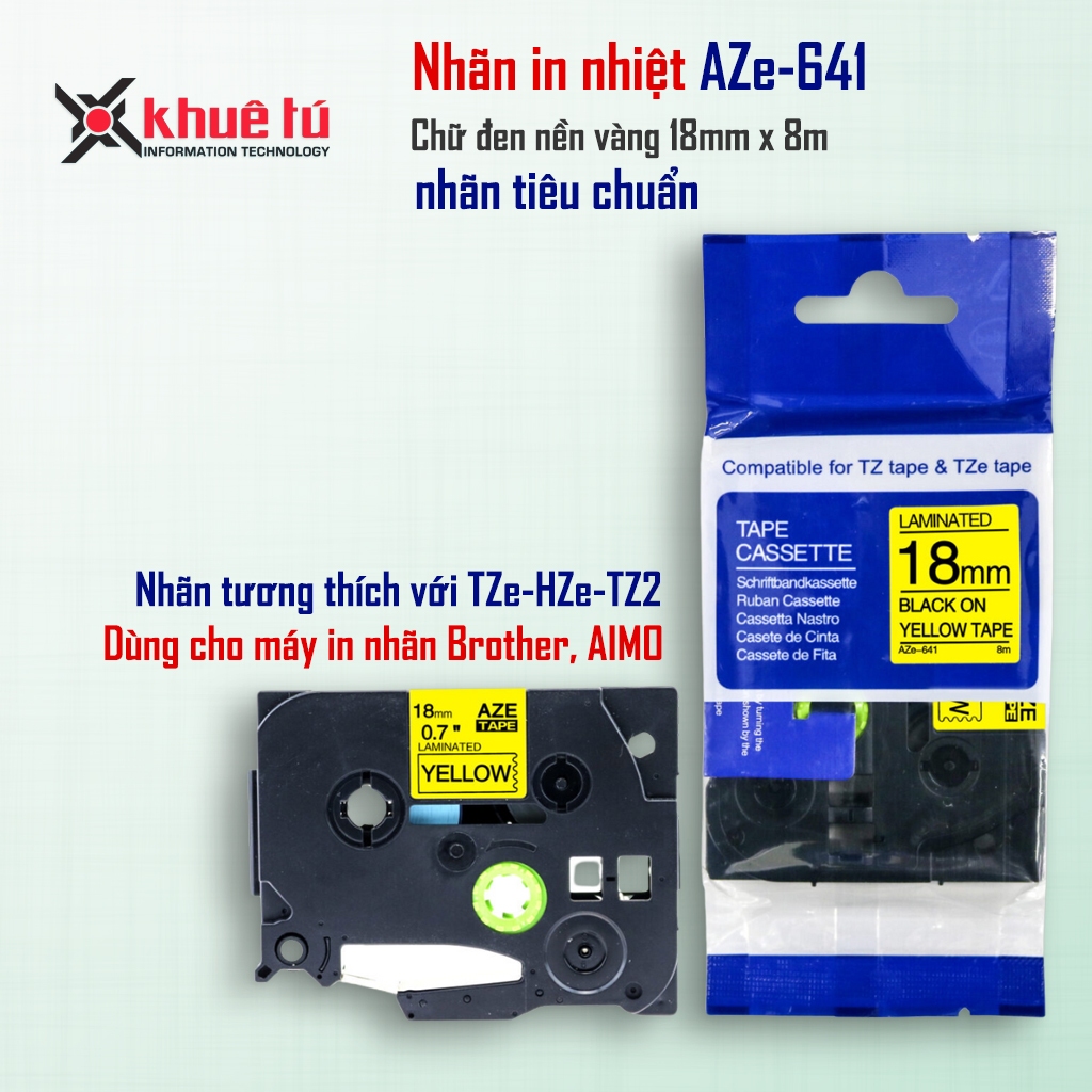 Nhãn in AZe-641 [18mm x 8m] Tương thích với nhãn Brother TZe 641 (Dùng cho PT-E110/ PT-E300/D210/ E1