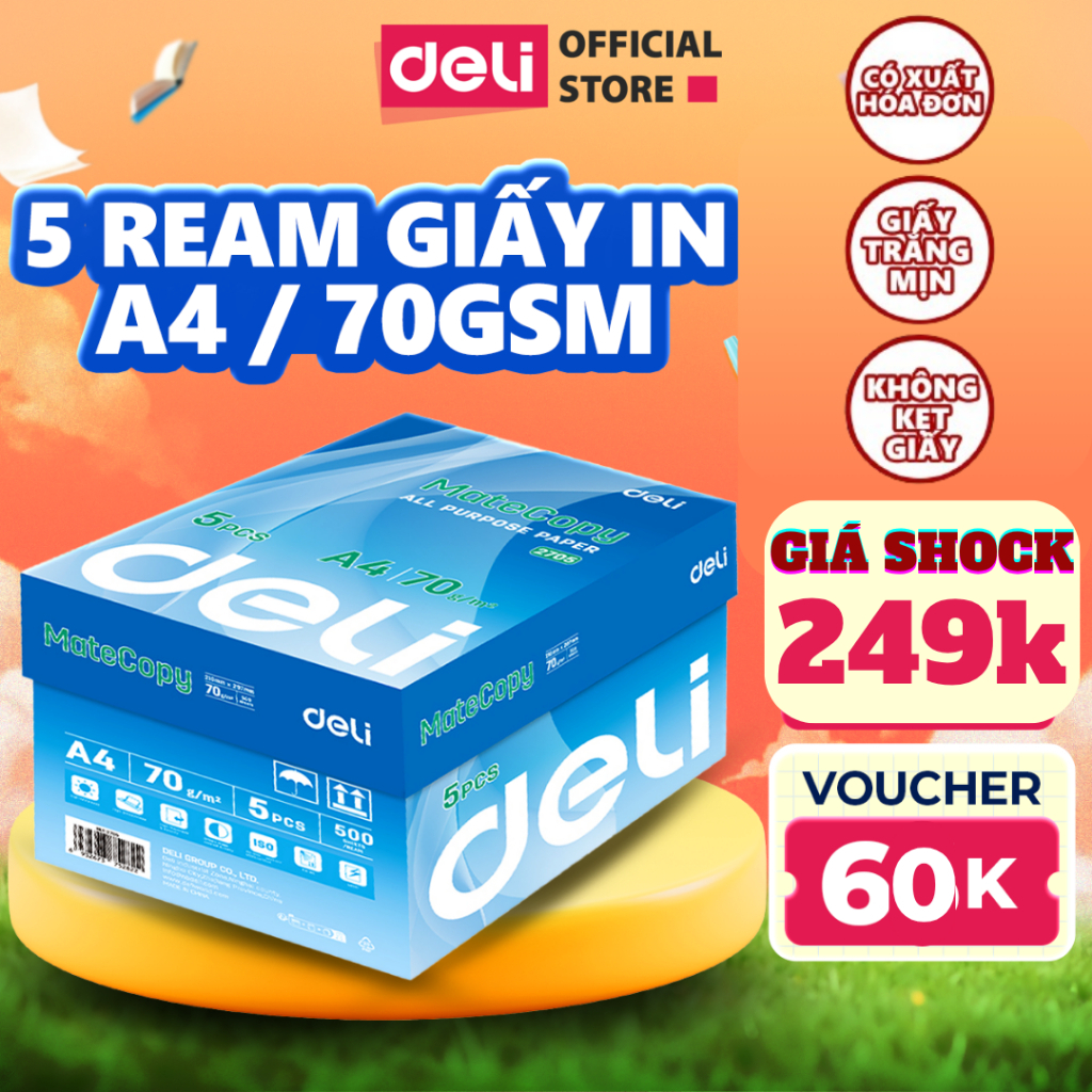 Thùng 5/10 Ream Giấy A4 Deli Giấy In Photo Copy 70gsm Chính Hãng Loại Dày Ream 500 Tờ Chống Lóa Mắt