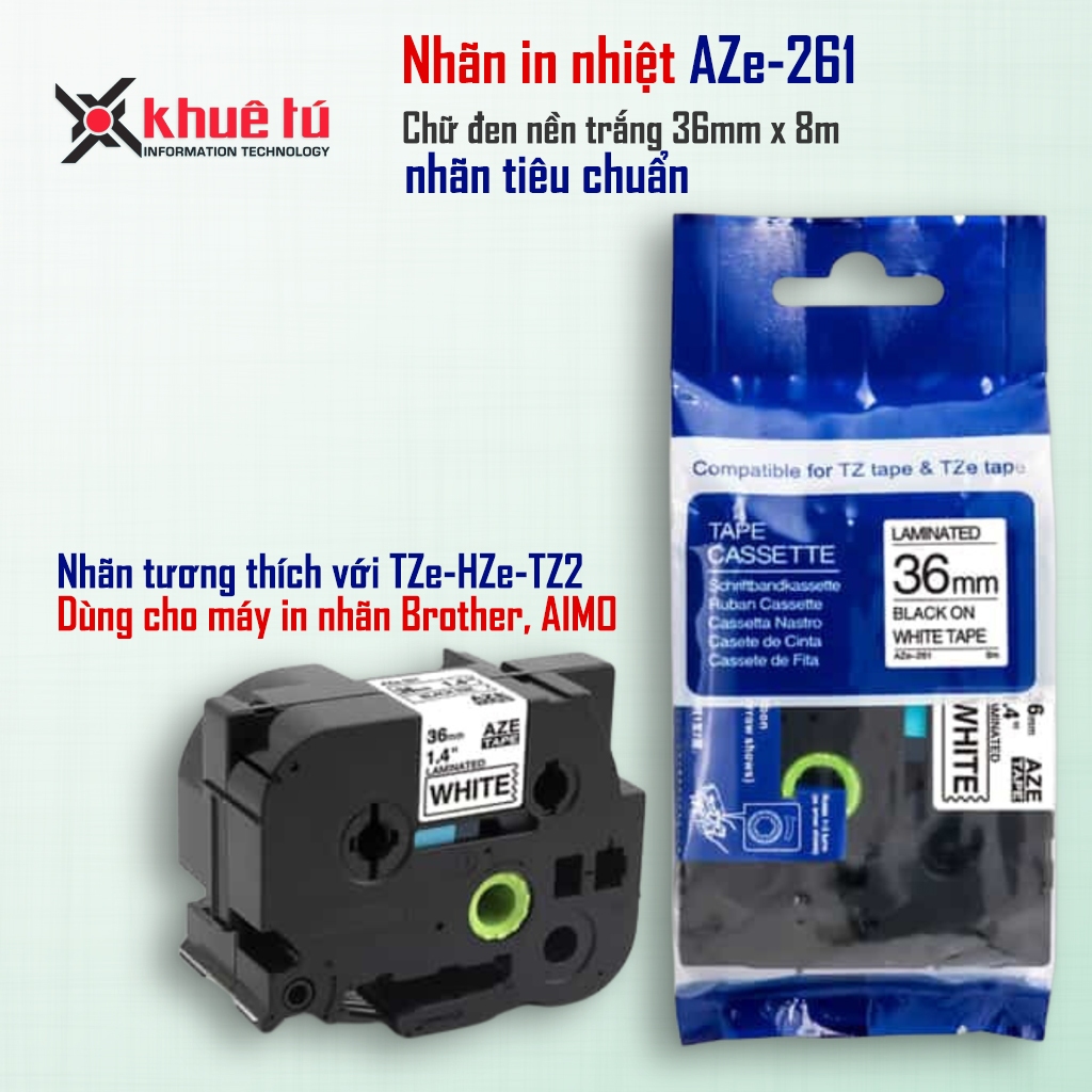 Nhãn in AZe-261 [36mm x 8m] Tương thích với nhãn Brother TZe-261 (Dùng cho PT-E110/ PT-E300/D210/ E1