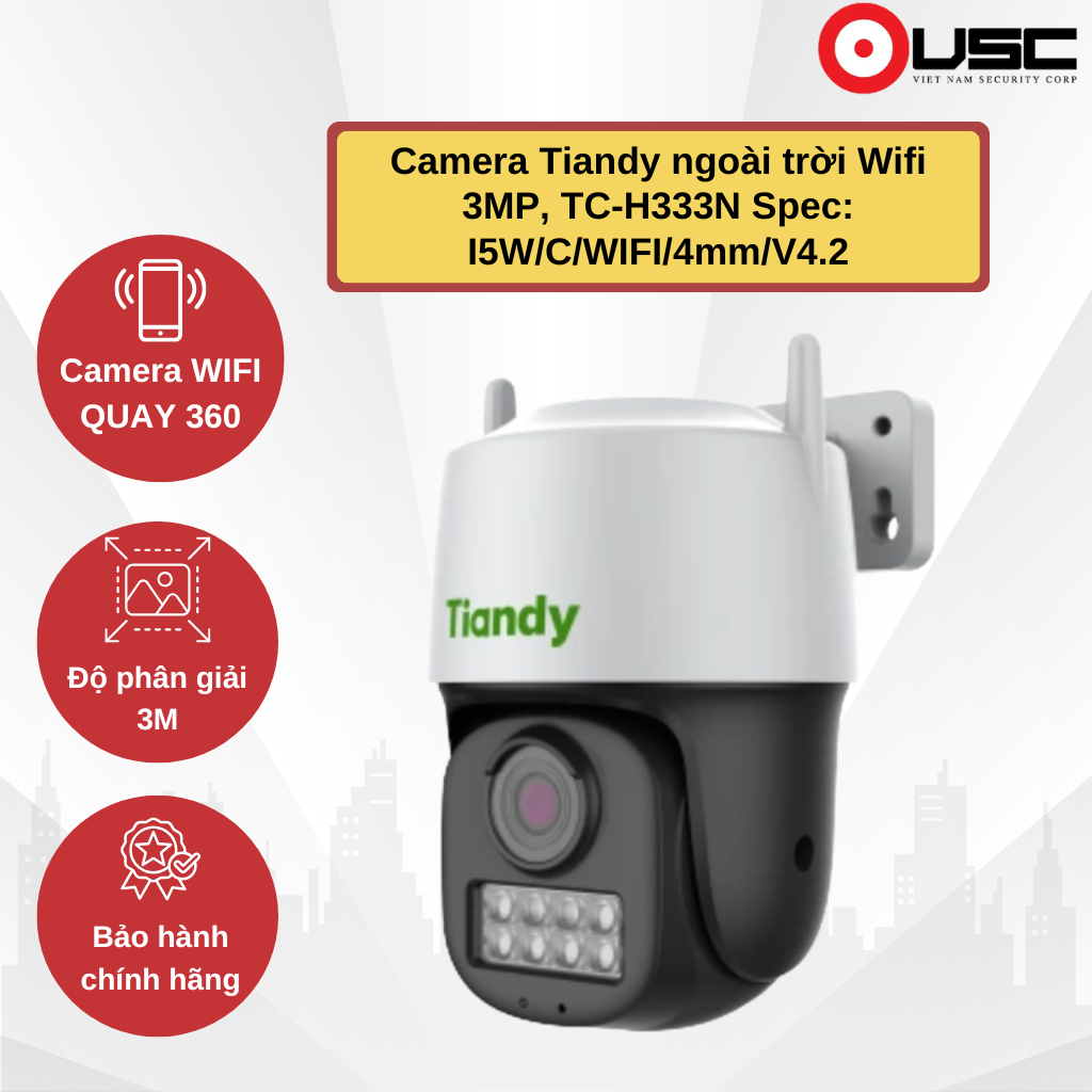 Camera Tiandy ngoài trời Wifi Quay/Quét ngoài trời 3MP, TC-H333N Spec: I5W/C/WIFI/4mm/V4.2