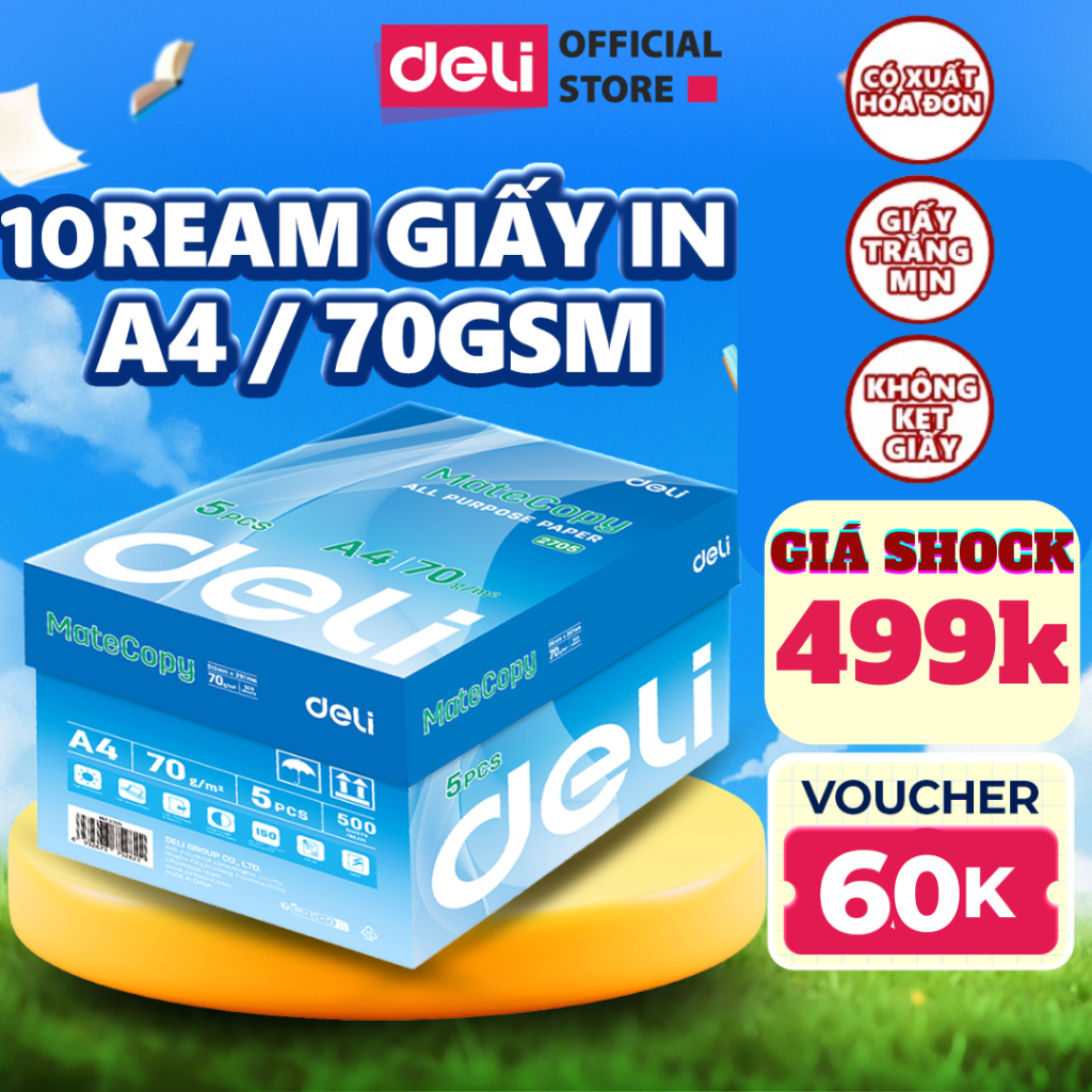 Thùng 10 Ream Giấy A4 Deli Giấy In Photo Copy 70gsm Chính Hãng Loại Dày 500 Tờ/ Ream Chống Lóa Giấy 