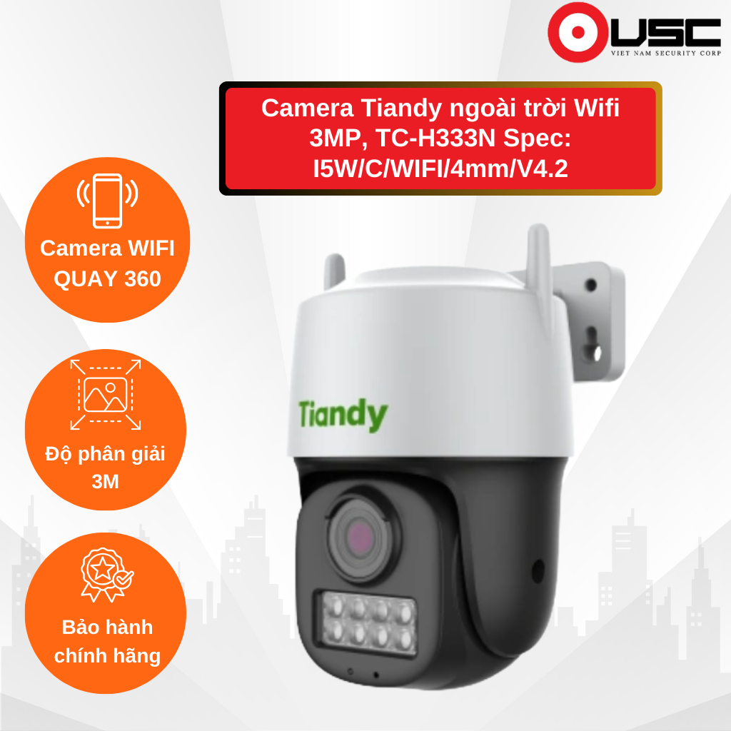 Camera Tiandy ngoài trời Wifi Quay/Quét 3MP, TC-H333N Spec: I5W/C/WIFI/4mm/V4.2