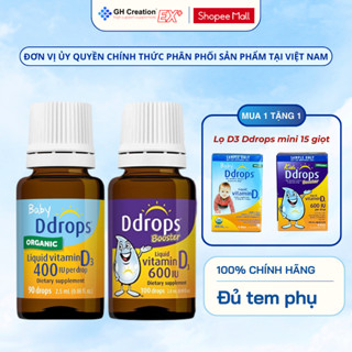 Ddrops Vitamin D3 thuần Organic dạng lỏng hỗ trợ chắc khỏe xương và tăng cường hệ miễn dịch cho bé 400IU và 600IU