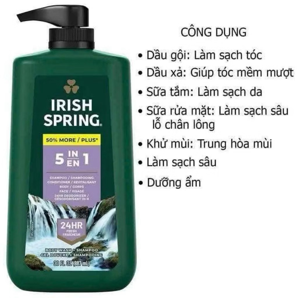 DẦU GỘI XẢ SỮA TẮM TOÀN THÂN IRISH SPRING 5IN1 591ML 887ML - HÀNG MỸ
