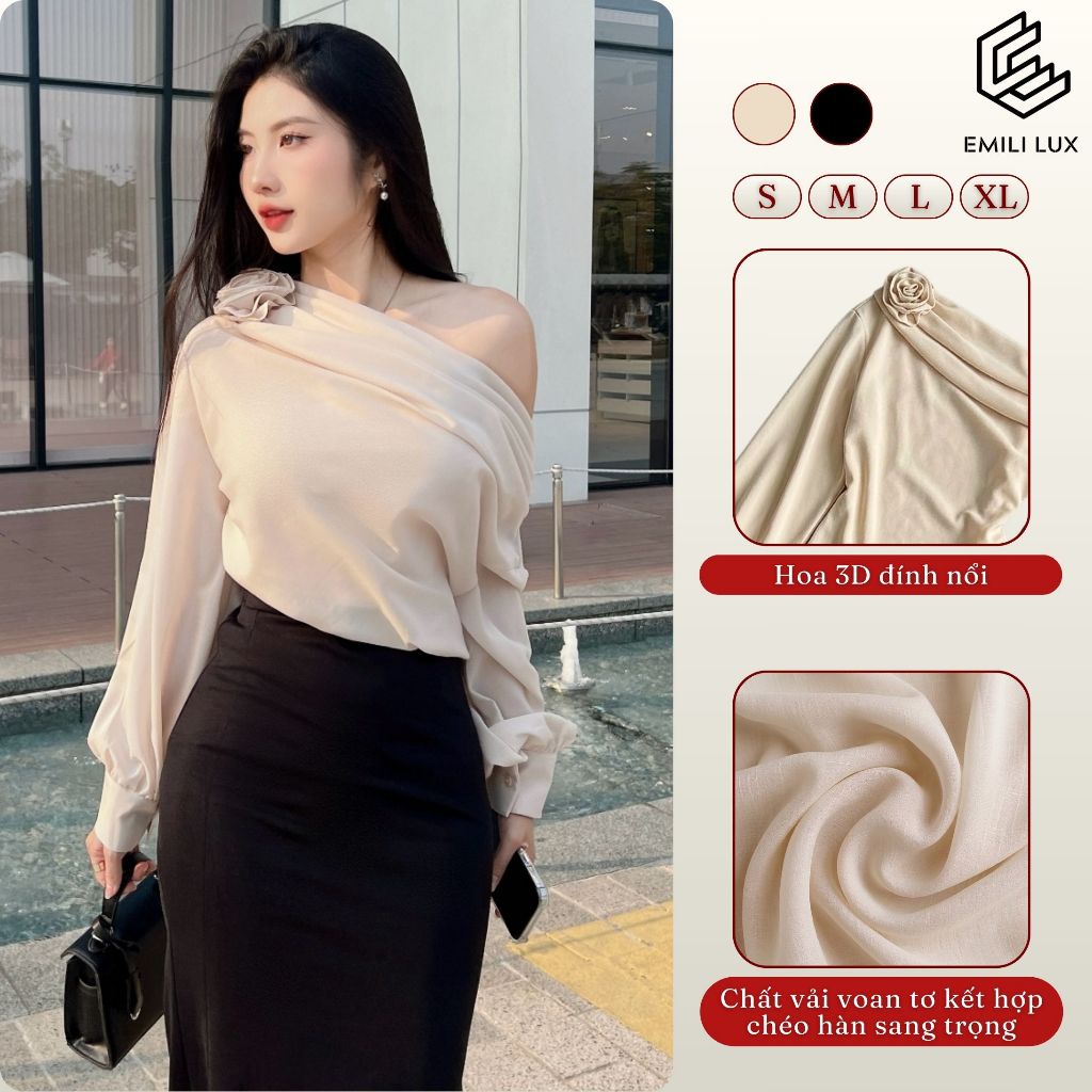 Áo lệch vai dài tay EMILI DESIGN áo trễ vai tay dài cách điệu phối hoa [T1040]