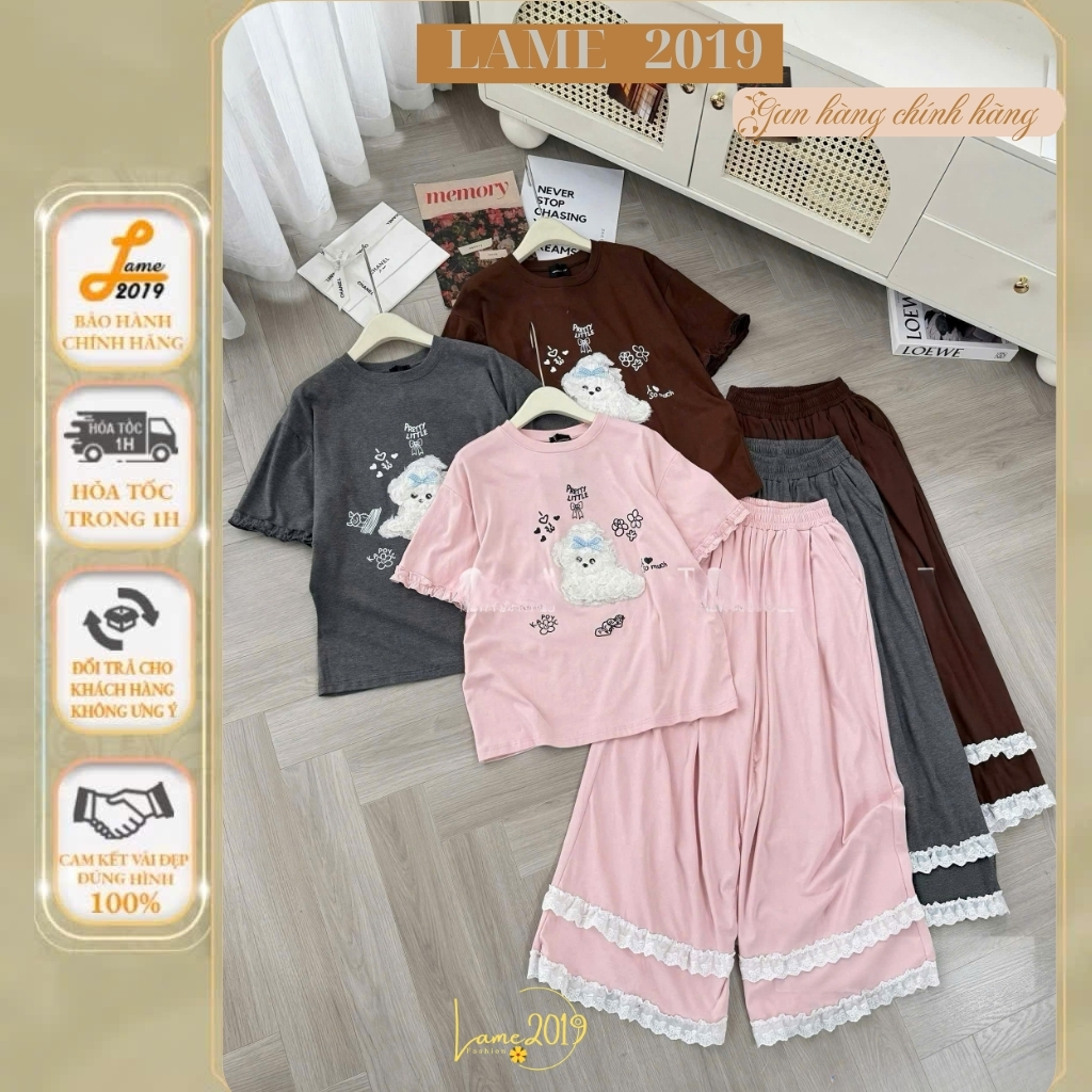Bộ Đồ Nữ Mặc Nhà Pretty Little YAME19, Bộ Hè Nữ Mặc Ở Nhà Áo Thun Mix Quần Suông Dài Phối Ren