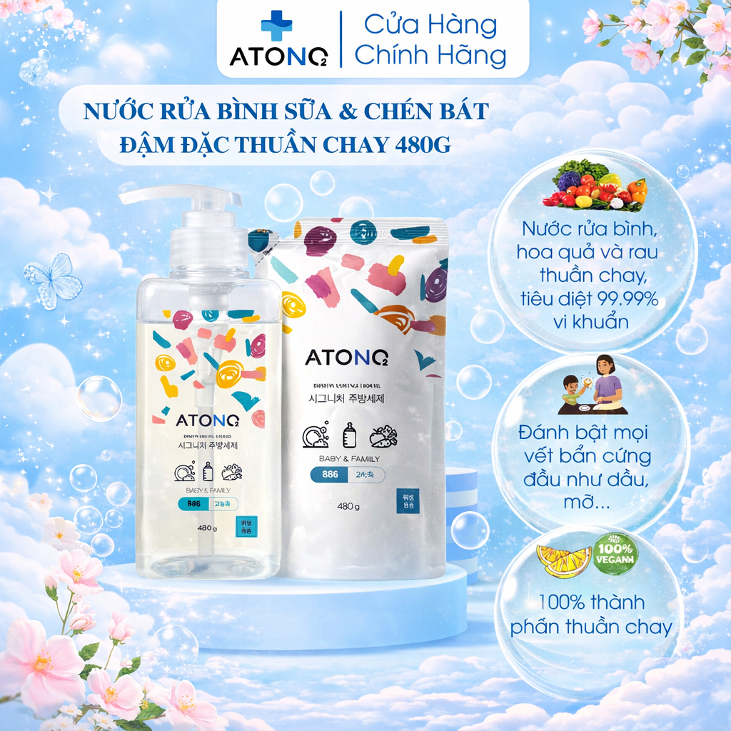 Nước rửa bình sữa & chén bát đậm đặc thuần chay, an toàn, có thể rửa được rau củ quả, Thương hiệu Atono2 Hàn Quốc