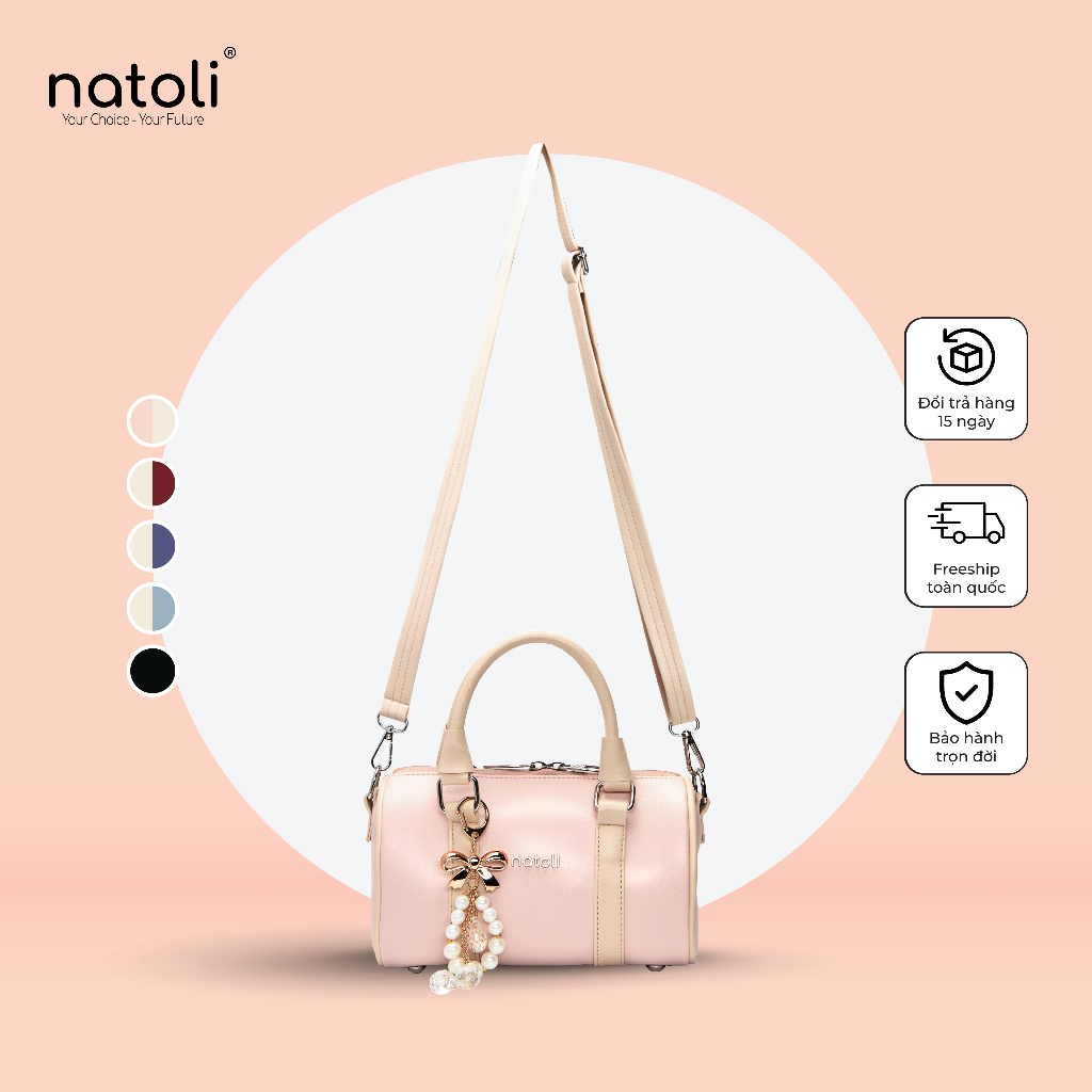 Túi đeo chéo da NATOLI, túi trống mini da chống nước nhiều ngăn thời trang BST Trendy Bowling Bag T37