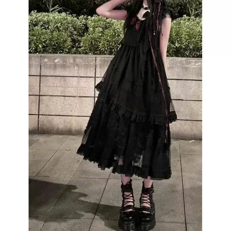Đầm Gothic Đen Hoa Hồng Vintage Phong Cách Lolita