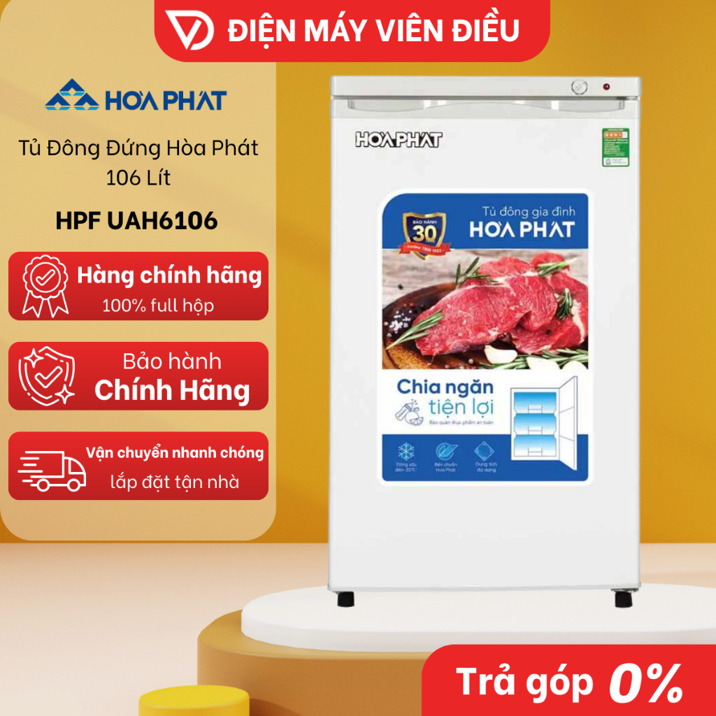 HPF UAH6106 - Tủ Đông Đứng Hòa Phát 106 Lít HPF UAH6106 Mini Nhỏ Gọn Tiết Kiệm Điện Chính Hãng