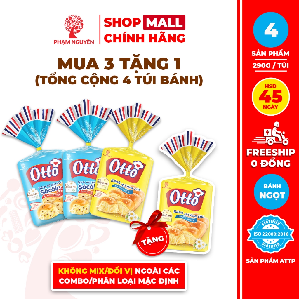 [MUA 3 TẶNG 1] Tổng cộng 4 Túi Bánh mì Hoa Cúc Otto Phạm Nguyên - Otto Brioche Tressée 290g
