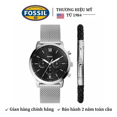 Đồng hồ nam Fossil NEUTRA Chronograph, mặt đen 44 MM, dây kim loại, màu bạc, FS6020SET - Set đồng hồ và vòng tay