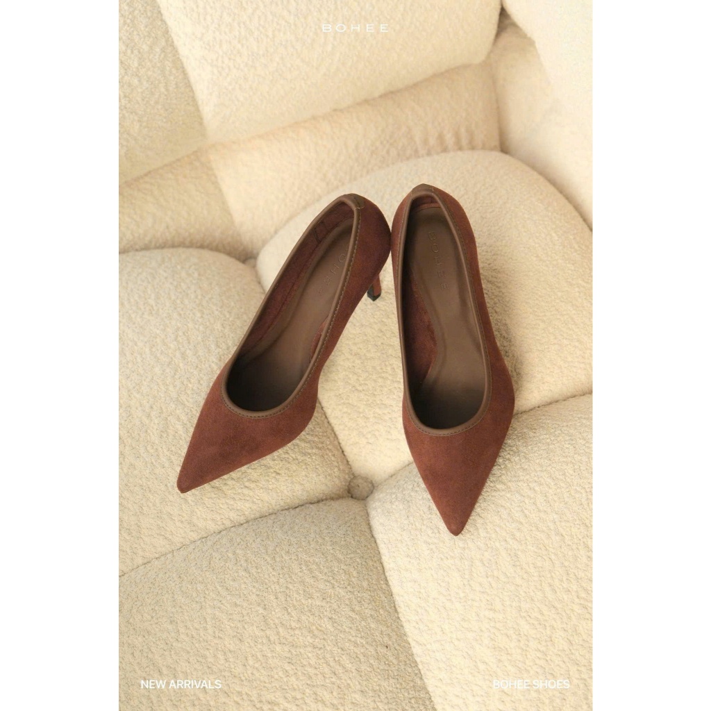 [ BOHEE ] - Giày cao gót nỉ viền da màu nâu - GD104