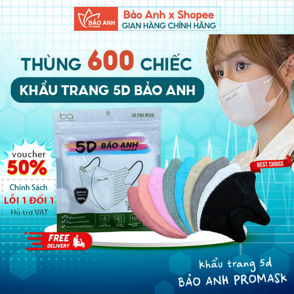[ Thùng 600 Cái ] Khẩu trang 5D Bảo Anh Promask 3 lớp kháng khuẩn chống tia UV