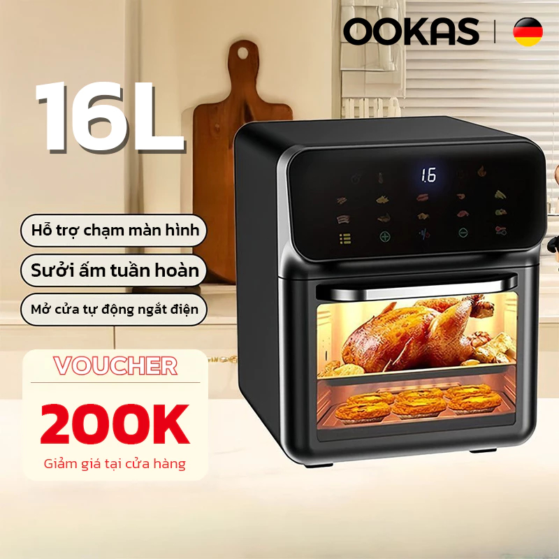 OOKAS Nồi Chiên Không Dầu 16L Màn hình cảm ứng LED Air Fryer Chảo Chống Dính