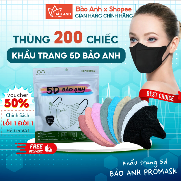 [Thùng 200 Cái] Khẩu Trang Y Tế 5D Bảo Anh Promask 3 Lớp Kháng Khuẩn, Khẩu Trang Chống Tia UV Cao Cấ