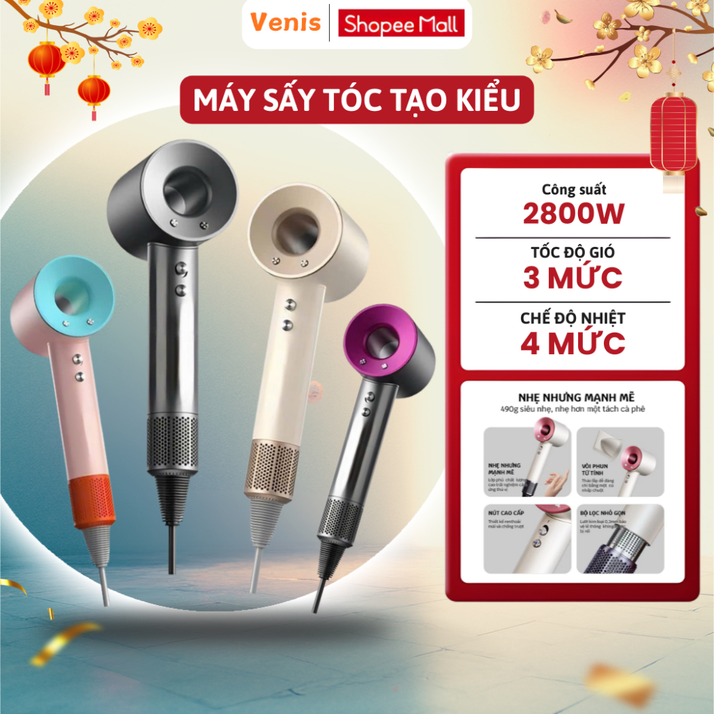 [THẺ TRÚNG THƯỞNG] Máy Sấy Tóc Ion Âm 3 Chế Độ Sấy, 2 Chiều Nóng Lạnh, Công Suất Lớn Kèm Đầu Sấy